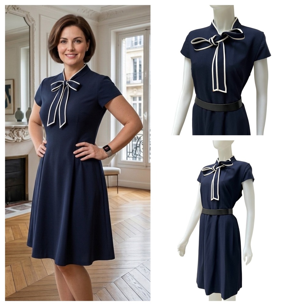 J.Crew Navy Blue 100% Wool Tie Neck Dress Mod Office Siren Sz 16